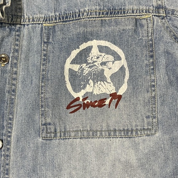 Vintage Bugle Boy Denim Shirt Men Medium Eagle Graphic Elbow Patches Grunge 90s - Picture 6 of 13